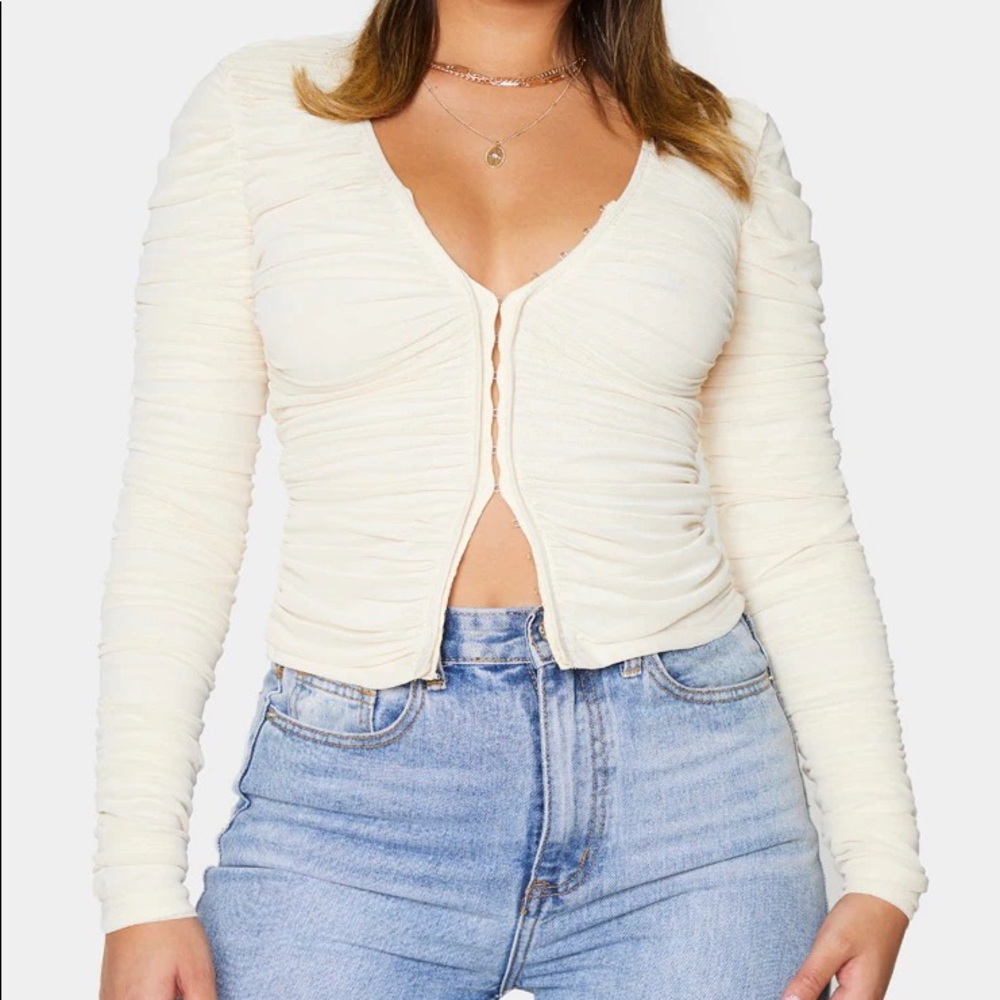 PrettyLittleThing Cream Mesh Extreme Ruched Long Top